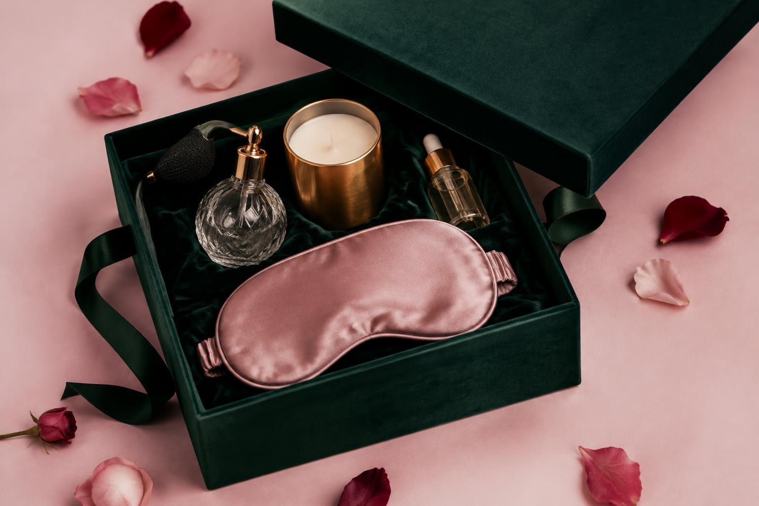 An emerald velvet box with a crystal perfume atomiser, gold candle and silk sleep mask