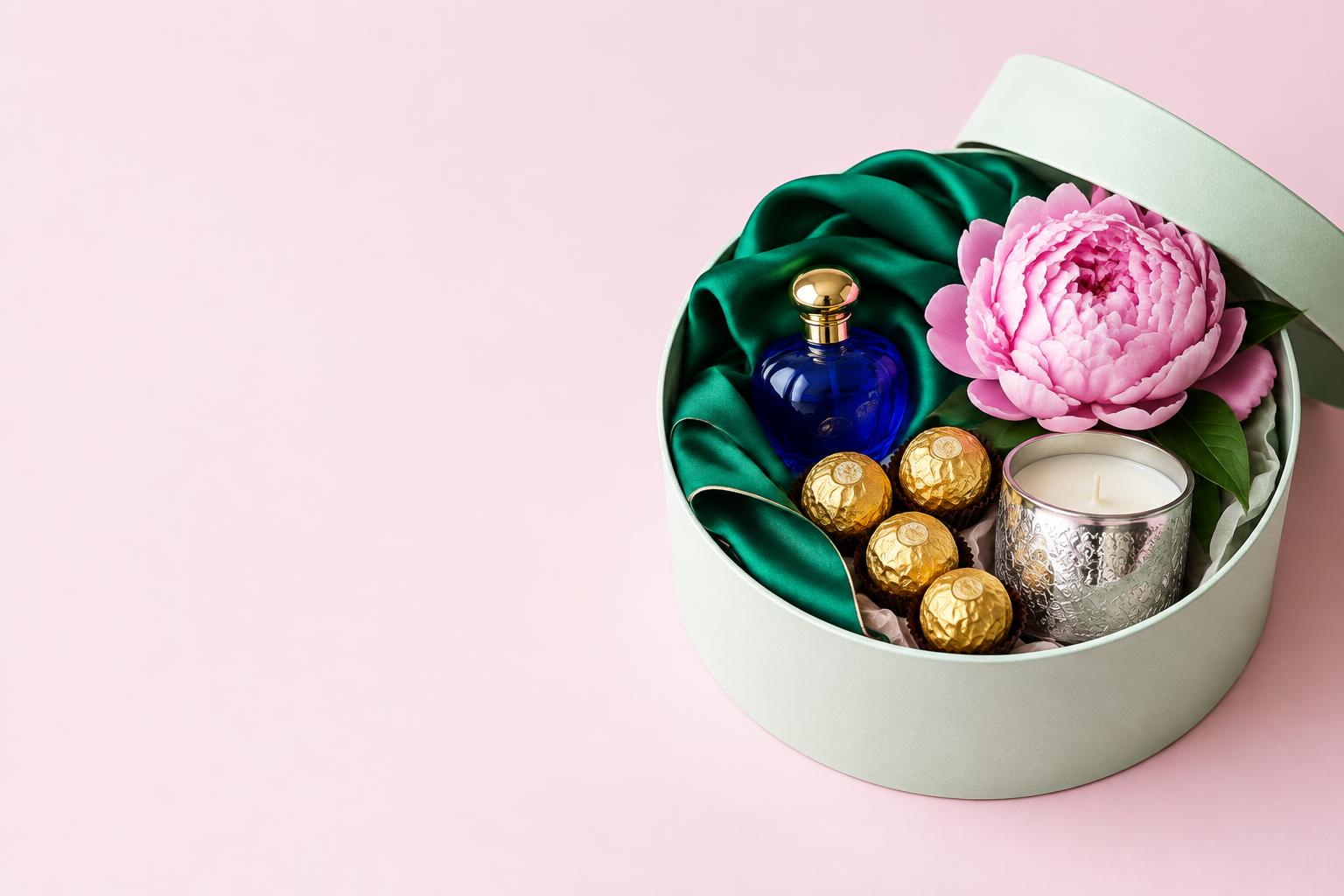 A mint round gift box with emerald silk, blue perfume, truffles and a silver candle