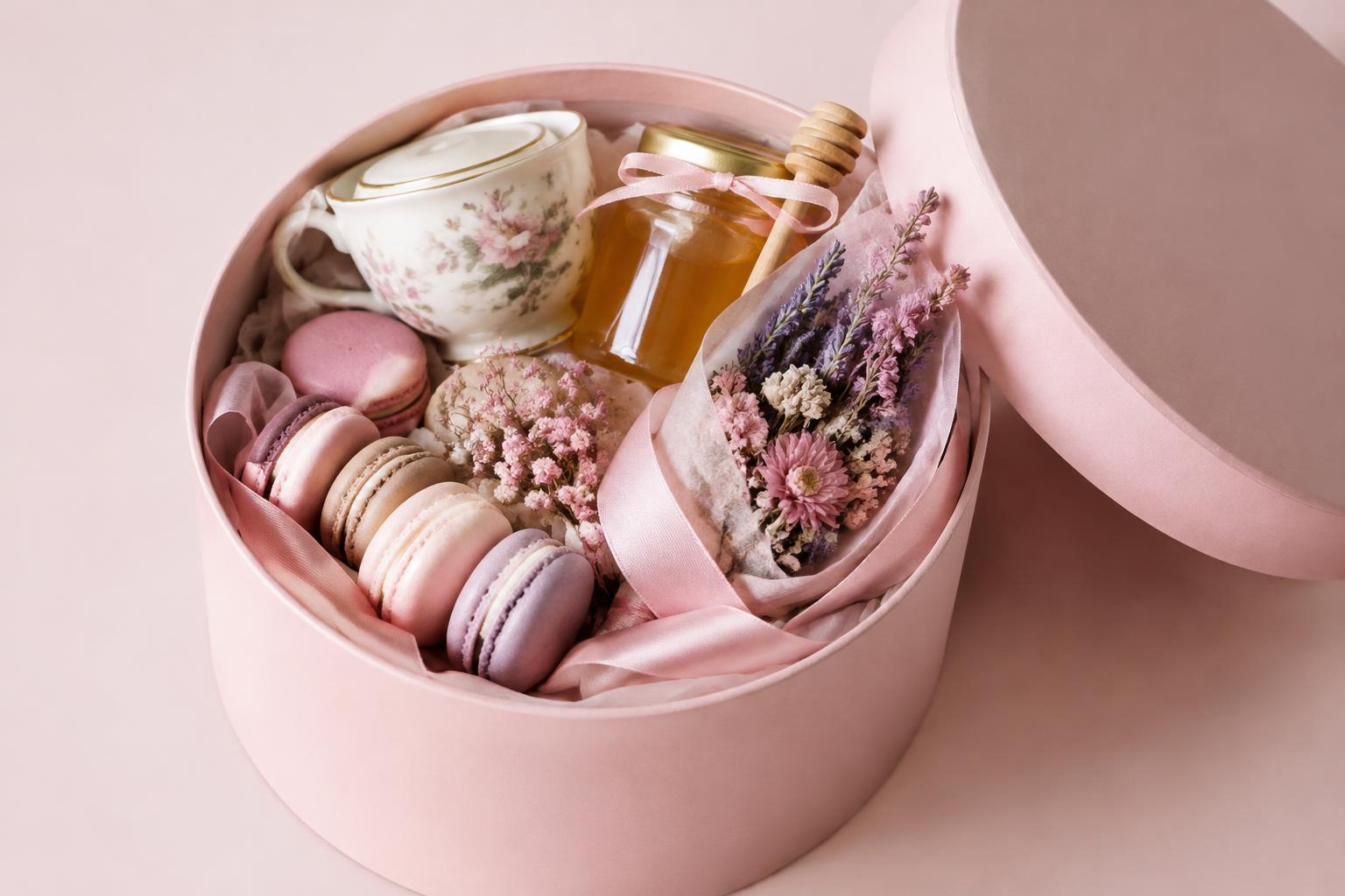 A blush round hatbox with pastel macarons, a floral teacup, honey and dried flowers