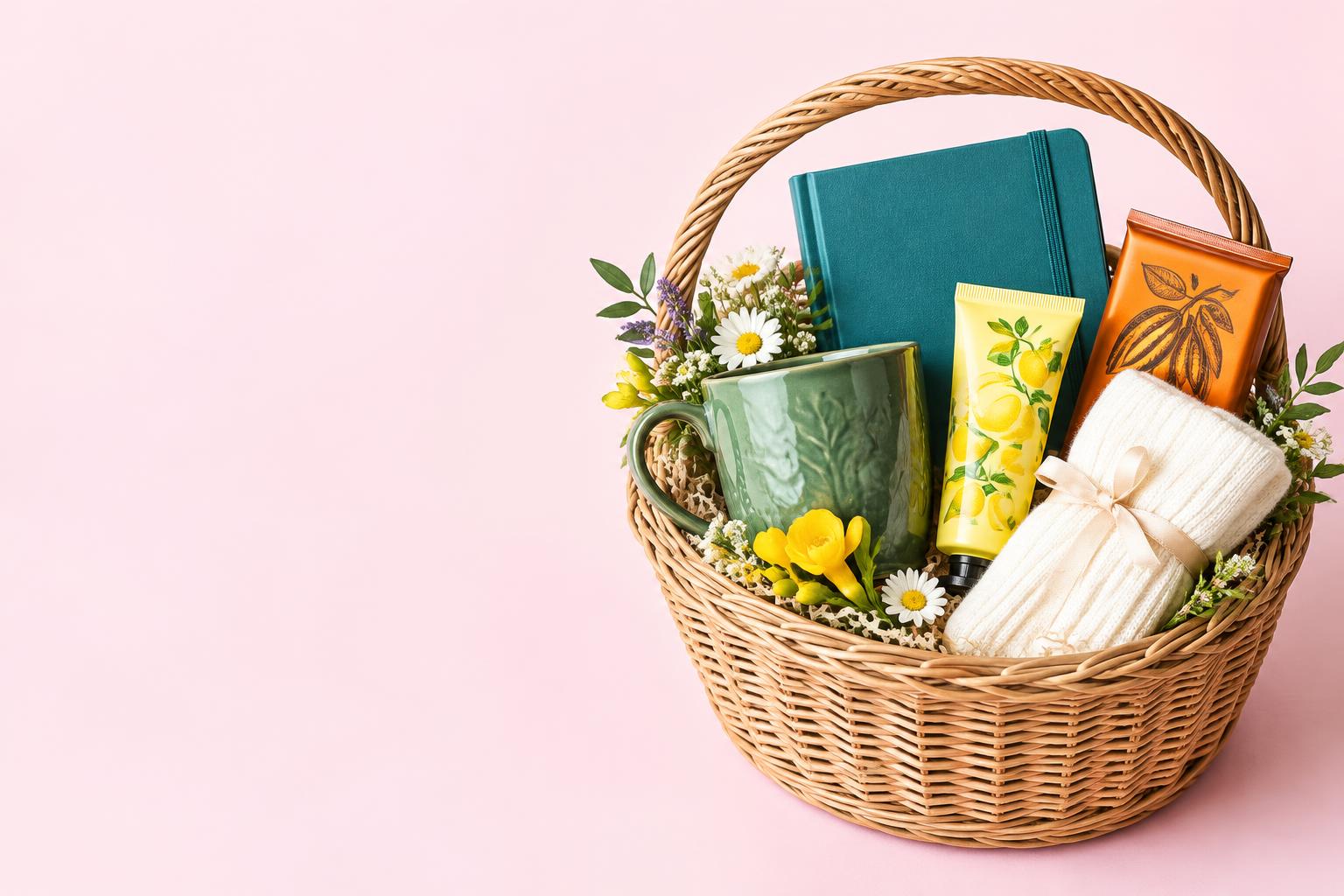 A wicker basket with a green mug, teal journal, lemon treats and soft socks